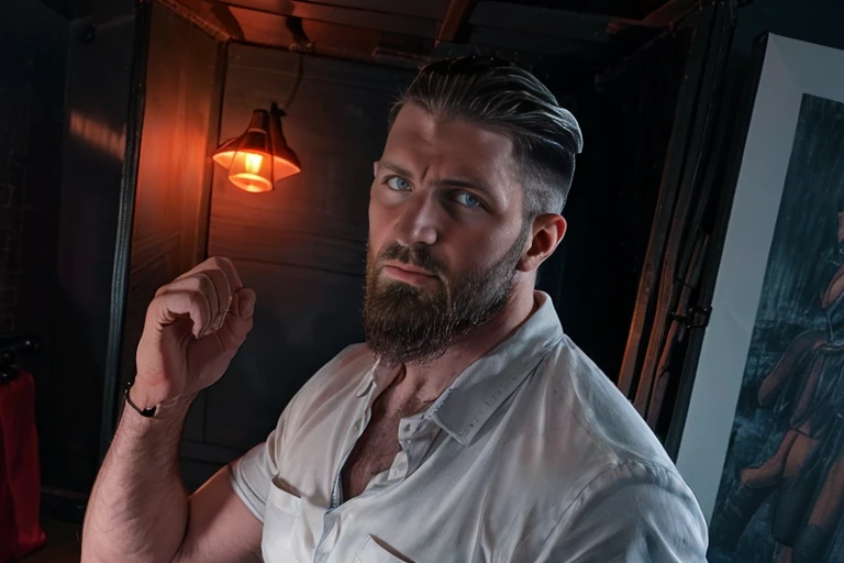 <lora:chuckcv1:1> chuckc, short hair, beard, undercut, professional studio quality modeling headshot, 4K, simple background, dramatic lighting, shirt, ultra realistic photograph, professional art, by Gucci photographer.