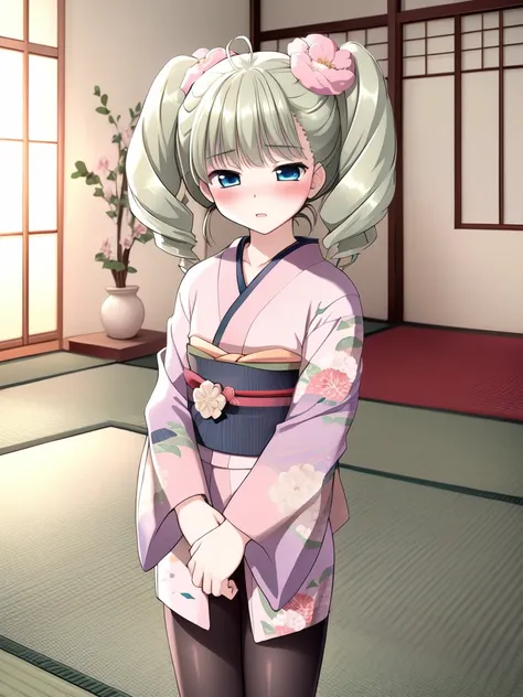 <lora:Aino_Pekonen:0.8>, AinoPekonen,  japanese clothes,  kimono, drill hair, pantyhose, blue eyes, hair ornament,  flower,  obi, hair flower, cowboy Shot, blush,
Japan in the room, tatami,