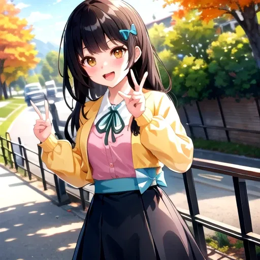 <lora:Yanagiba-10:0.7>, wdspanda, blush, smile, open mouth, skirt, shirt, long sleeves, bow, ribbon, holding, jacket, white shirt, :d, hair bow, outdoors, open clothes, day, collared shirt, blunt bangs, black skirt, open jacket, tree, neck ribbon, blue bow...