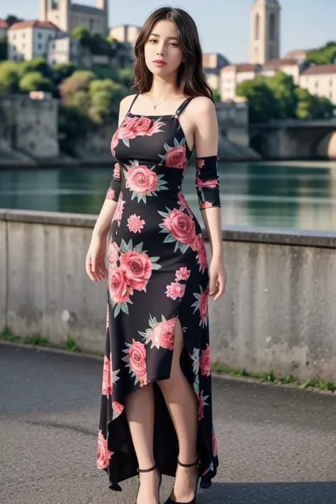 1woman, cute, beautiful, realistic, scenic view from europe, full body shot
<lora:floral_print_long_dress_by_stable_yogi:1> blac...