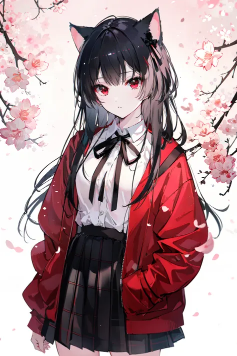 (masterpiece:1.2),best quality,PIXIV,cat girl,
1girl,solo,animal ears,red eyes,skirt,long hair,shirt,black hair,white shirt,looking at viewer,cat ears,red jacket,ribbon,bangs,jacket,flower,black skirt,bow,open clothes,long sleeves,parted lips,pink flower,c...