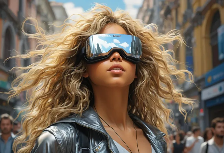 happy Shakira  in QUITO  is Rubbing temples and wearing virtual reality headsets and digital painting by Hajime sorayama and Caravaggio-W 120048  (mp 1080:1.1):20 aspect, rays, (rays and dust in atmosphere:1.1), biomechanical, full colour, human skin, int...