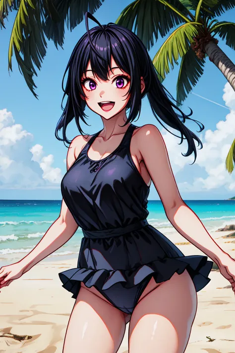 1girl, cowboy shot, smile, open mouth, looking at viewer, beach, 
yonagi_kei, purple eyes, long hair, black hair, (ahoge:1.2), swimsuit, <lora:yonagi_kei_lora_ver3:0.7>, best quality, masterpiece, highres, <lora:GoodHands-vanilla:1>