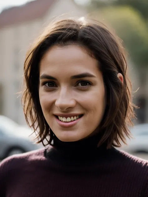 Realistic photo of a beautiful w1n0n4r woman,1girl,solo,looking at viewer,smile,short hair,brown hair,black hair,1boy,brown eyes,male focus,teeth,grin,blurry,sweater,lips,blurry background,turtleneck,portrait,realistic,nose,black sweater,soft lighting, pro...