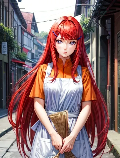 best quality, masterpiece, highres, detailed, digital artwork, <lora:Tools - add_detail:0.2>, KushinaUzu, long hair, red hair, swept bangs, hair clip, [grey eyes: purple eyes: 0.75], mature woman, orange shirt, apron, <lora:Character - KushinaUzu:0.9>, vil...