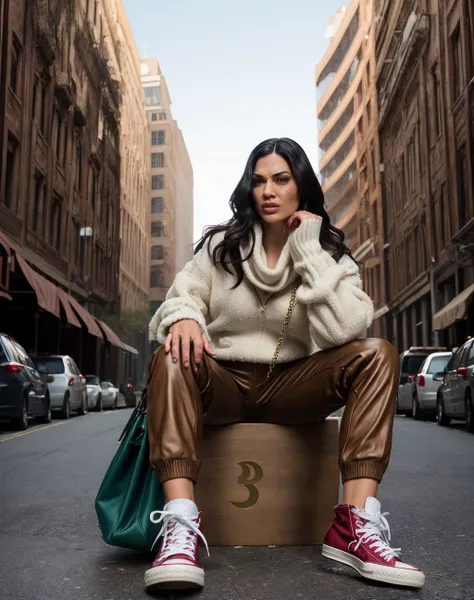 cinematic photo Marvel Cinematic Universe  realistic, hdr, 4k,  Reclining,   a woman wearing an expensive Oversized teddy coat in a neutral tone  brown  and JW Anderson: Pierce bag, Converse x JW Anderson sneakers, nomad trading post, traveling merchants, ...