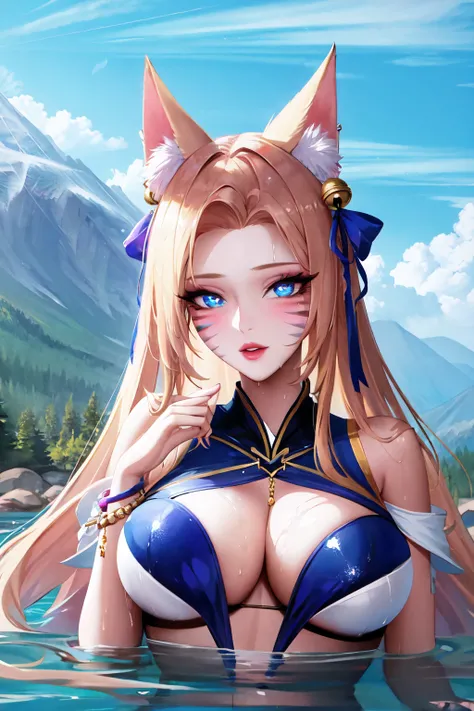 1girl, solo, long hair, looking at viewer, blue eyes, blonde hair, huge breasts, hair ornament, ribbon, animal ears, cleavage, bare shoulders, jewelry, hair ribbon, outdoors, parted lips, shiny, water, bracelet, wet, animal ear fluff, fox ears, bell, detac...