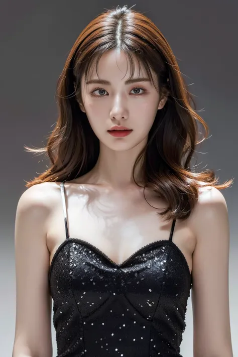 Best quality, masterpiece, ultra high res, (photorealistic:1.4), raw photo,1girl, solo, realistic, looking at viewer, upper body,simple gray background, formal dress, <lora:makina69_nana_v1.0:1>
