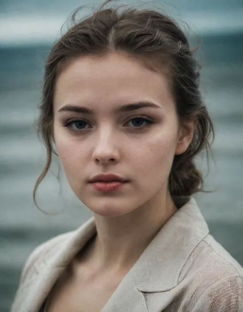 front shot, portrait photo of a cute 22 y.o woman, looks away, full lips, natural skin, skin moles, stormy weather, (cinematic, film grain:1.1)