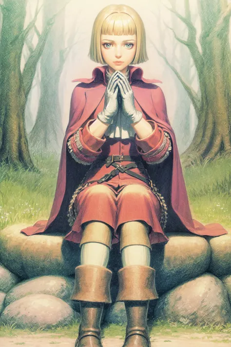 farnejour, 1girl, solo, bob cut, cloak, ascot, red shirt, long sleeves, gloves, belt, pants, boots, sitting, rock, forest, looking at viewer, traditional media, long long sleeves,  <lora:farnearm_V8-09:0.8>