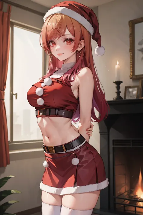 masterpiece, best quality, absurdres, IchijouRirika, santa outfit, red crop top, fur-trimmed, red skirt, belt, red thighhighs, arms behind back, indoors, fireplace, smile, <lora:CHAR-IchijouRirika:1>
