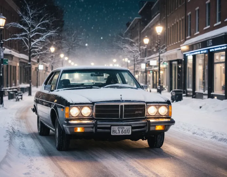 photo of car in night city street, epic, award winning, winter, snow