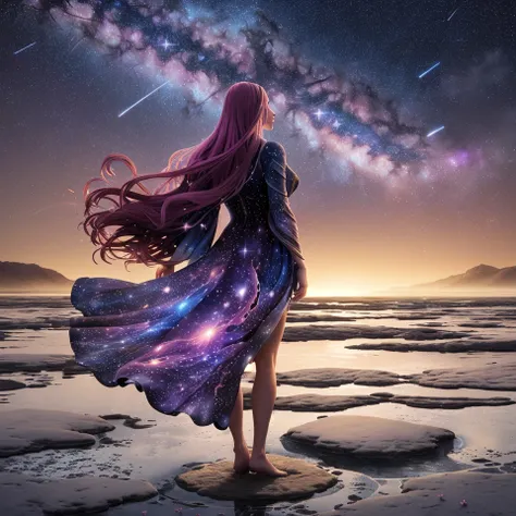 In the foreground, a woman stands, her silhouette etched against a backdrop of a starlit sky. Her hair flows like a river of ink, and her eyes, reflecting the universe, hold galaxies within. Around her, the air shimmers with the light of distant stars, and...