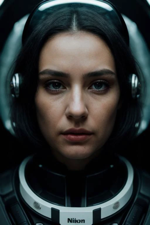 PA7_Portrait-CU, epiCRealism, woman, over shoulder, beautiful eyes, short hair, black hair, crystal clear, wearing scifi suit, avant-garde, LatexTech, high-tech, serious, expressive portrait, space ship cockpit, dim light, cinematic lighting, volumetric li...