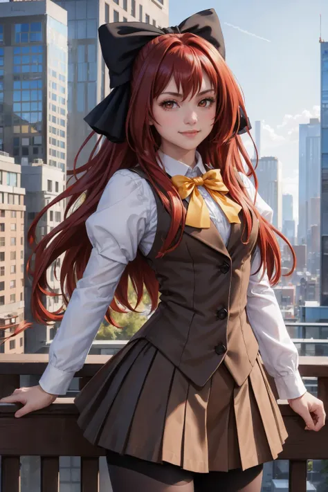 masterpiece, best quality,  <lora:corticarte-nvwls-v1-000009:0.8> defCorticarte, red hair, hair ribbon, yellow bow, white shirt, long sleeves, black vest, black skirt, black pantyhose, cityscape, cowboy shot, looking at viewer, portrait, smile, furrowed br...