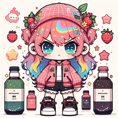 (masterpiece:1.2),(best quality:1.2),(8k),(wallpaper),((solo)),((white background)),1girl,fruit,blue eyes,food,pink hair,hat,multicolored hair,solo,hair ornament,flower,rainbow,hood,hoodie,long hair,shorts,star (symbol),shoes,looking at viewer,bottle,gradi...
