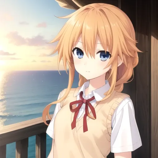 ((masterpiece)),(best quality),official art,extremely detailed CG,unity 8k wallpaper,ultra detailed,A lighthouse on a cliff by the sea,1girl,solo,upper body,(portrait:1.2),looking at viewer,yamai yuzuru,bangs,orange hair,blue skirt,braid,braid drill,sidelo...