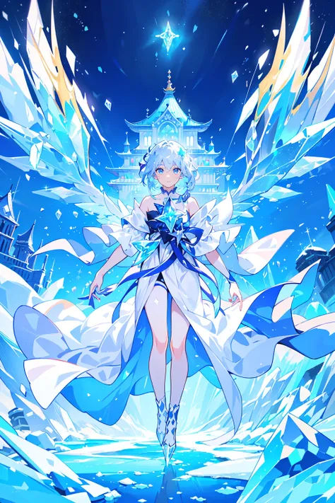 male focus,beautiful detailed glow,detailed ice,beautiful detailed water, (floating palaces:1.3),(((ice crystal texture wings))),stars in the eyes, messy floating hair, colored inner hair, Starry sky adorns hair, (lots of big colorful Bubble), (pearl), (Ga...