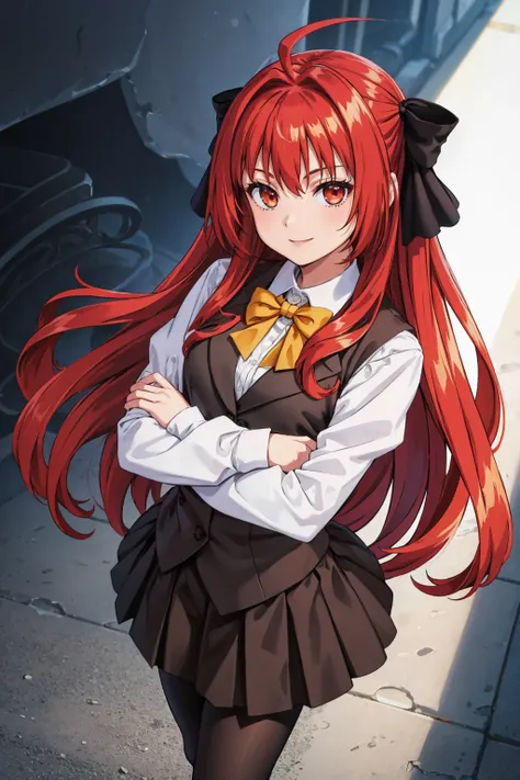 masterpiece, best quality,  <lora:corticarte-nvwls-v1-000009:0.8> defCorticarte, red hair, hair ribbon, yellow bow, white shirt, long sleeves, black vest, black skirt, black pantyhose, from above, looking at viewer, crossed arms, smile