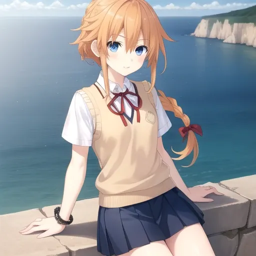 ((masterpiece)),(best quality),official art,extremely detailed CG,unity 8k wallpaper,ultra detailed,A lighthouse on a cliff by the sea,1girl,solo,cowboy shot,looking at viewer,yamai yuzuru,bangs,orange hair,blue skirt,braid,braid drill,sidelocks,eyebrows v...