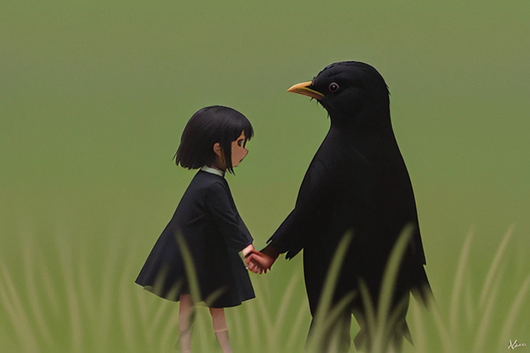 eurasian blackbird, grass,  <lora:eurasian blackbird-000010:0.5>,eurasian blackbird holding hands with girlï¼