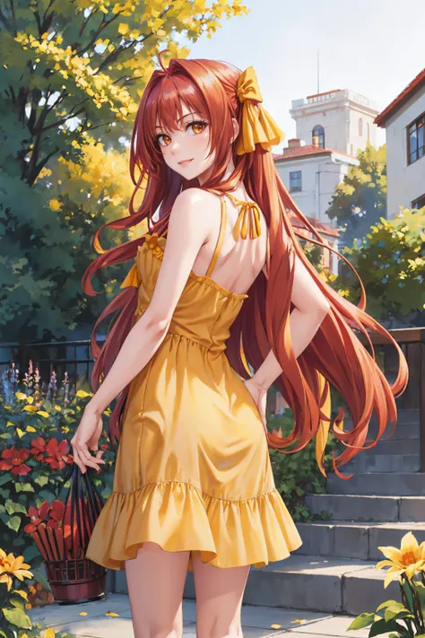 masterpiece, best quality,  <lora:corticarte-nvwls-v1-000009:0.8> defCorticarte, red hair, hair ribbon, from behind, garden, (yellow sundress:1.4), looking at viewer, furrowed brow, smile