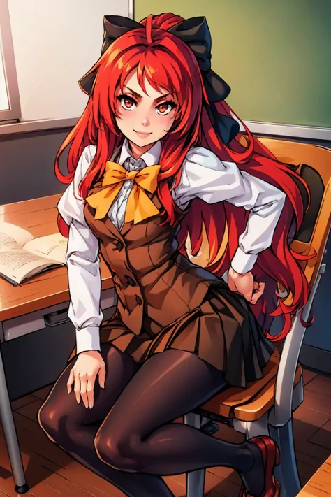 masterpiece, best quality,  <lora:corticarte-nvwls-v1-000009:0.8> defCorticarte, red hair, hair ribbon, yellow bow, white shirt, long sleeves, black vest, black skirt, black pantyhose, smile, looking at viewer, desk, chair, classroom, from above