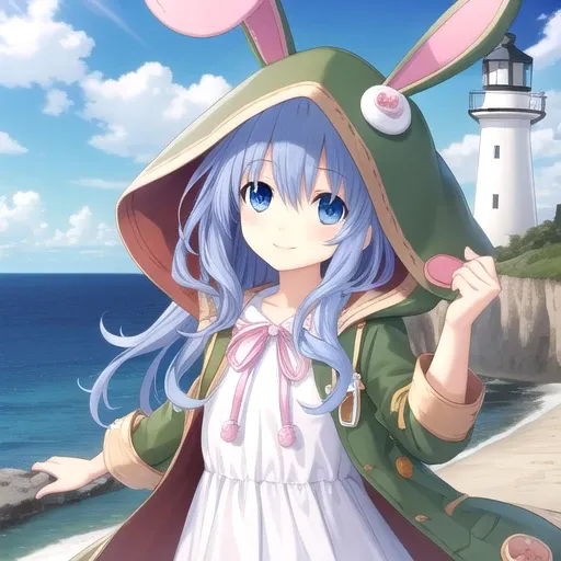 ((masterpiece)),(best quality),official art,extremely detailed CG,unity 8k wallpaper,ultra detailed,A lighthouse on a cliff by the sea,1girl,solo,upper body,(portrait:1.2),looking at viewer,yoshino (date a live),bunny ears hood,white dress,blue eyes,blue hair,smile,boots,green coat,green hood,loose coat,green footwear,long hair,pink ribbon,button,<lora:Yoshino(dal)>,<lora:TSNeptunia-000045:0.5>,