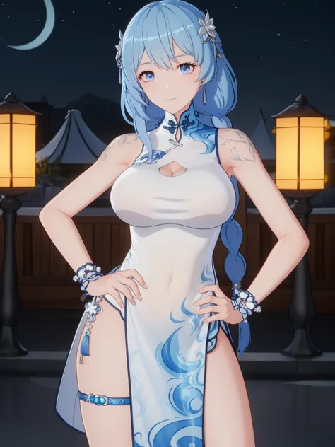 SKZYbosaidongYQC, 1girl, solo, china dress, blue hair, breasts,chinese clothes, blue eyes, looking at viewer, pelvic curtain,sleeveless, bare shoulders, long hair, bangs, covered navel, hair ornament,cleavage cutout, thigh strap,  <lora:SKZYbosaidongYQC:0....