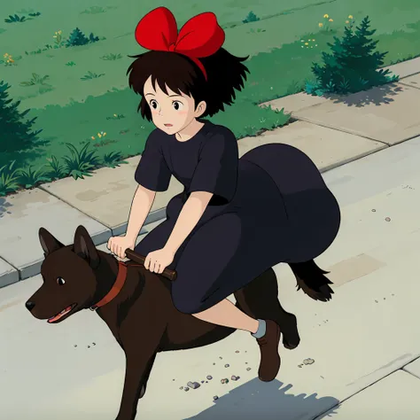 <lora:Kiki003:0.7>,
Kiki,1girl,solo,
short hair,brown hair,black eyes,hair bow,
hair bow,
black dress,
brown footwear,
riding,dog,