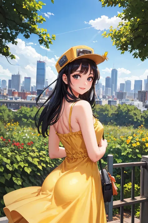 masterpiece, best quality, <lora:cassettegirl-nvwls-v1-000009:0.9> cassettegirl, hat, yellow sundress, from behind, garden, city skyline, sky, looking at viewer, smile