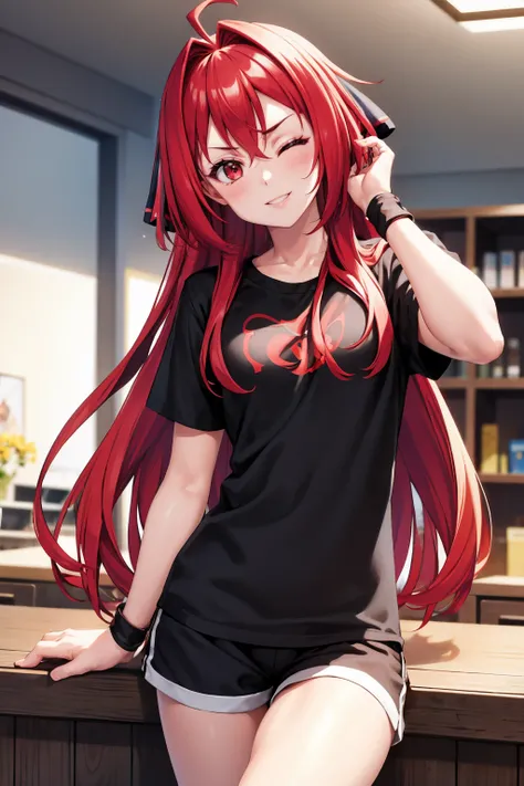 masterpiece, best quality,  <lora:corticarte-nvwls-v1-000009:0.8> defCorticarte, red hair, hair ribbon, black t-shirt, wristbands, shorts looking at viewer, leaning forward, smile, wink, furrowed brow, one eye closed, one eye open, indoors