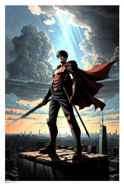 <lora:dibman_v1:1>
Create a hand-drawn manga-style dibman featuring a determined young hero standing atop a crumbling skyscraper in a post-apocalyptic cityscape. Behind them, ominous storm clouds gather, while in the foreground, fierce robotic adversaries ...