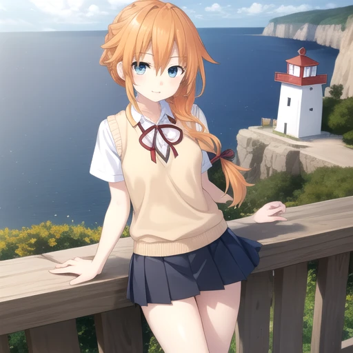 ((masterpiece)),(best quality),official art,extremely detailed CG,unity 8k wallpaper,ultra detailed,A lighthouse on a cliff by the sea,1girl,solo,cowboy shot,looking at viewer,yamai yuzuru,bangs,orange hair,blue skirt,braid,braid drill,sidelocks,eyebrows v...