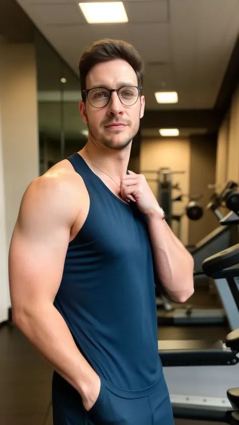 handsome guy, realistic, <lora:DoctorMike:0.8>, DoctorMike, male focus, masculine, male, 1boy, european man, facial hair, (ultra_realistic), eyeglasses, upper body, broad shoulder, tank top, muscular_male, indoors, fitness room, gym, look looking at viewer...