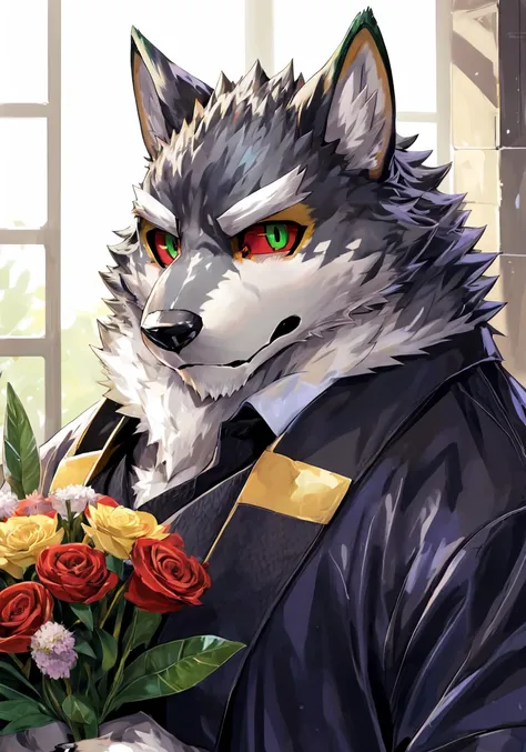 monomasa, masterpiece, best quality,
furry, male, wolf, solo,
black pupil, green eye, red sclera, (yellow eye shadow:0.8), detailed eye,
black formal wear, bouquet, close-up,
by t.y.stars, (by drks:0.3),
<lora:monomasa_x2-000018:1>
