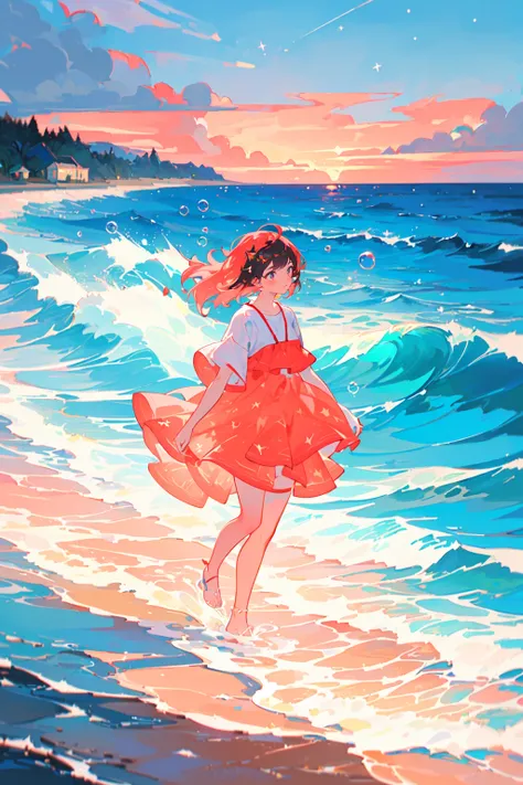 1girl,walking, waves, wind,(((glistening light of waves))),(detailed sunset glow),(floating flow),((coral)),(Luminous),coast,(floating colorful bubbles),beautiful detailed sky,(fluorescence),detailed shadow,(conch),beautiful detailed water, starfish, meteo...