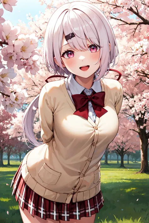 masterpiece, best quality, highres, aayuika, vey long hair, gradient hair, pink hair, white hair, low ponytail, hair ribbon, hairclip, red bow, brown cardigan, long sleeves, sleeves past wrists, pleated skirt, red skirt, plaid skirt, , <lora:shiina_yuika_v...