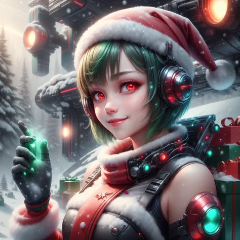 <lora:add_detail:0.8>,
<lora:XmasTech-20:0.8>, scifi, XmasTech,
scroll, 1girl,short hair, green hair, glowing eyes, smile ,closed mouth, red eyes,