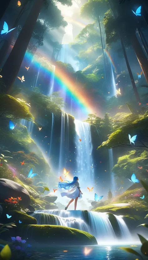A detailed digital art of a mystical elf with freckles and long, luminescent blue hair floating in mid-air, surrounded by sparkling rainbow butterflies, in a tranquil forest with a cascading waterfall, intricate details, trending on ArtStation, 4k resoluti...