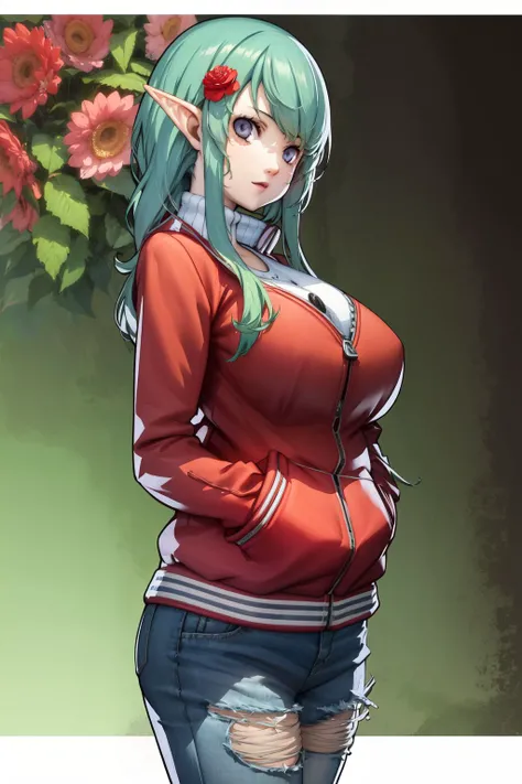 cowboy_shot, solo, 1girl, optimistic, huge breasts, aqua hair, dark purple eyes, beautiful detailed face, pink letterman jacket, sunbeam, Pixie_Carnation (flower), floral background <lora:Soejima_render_style_v01.09:1>