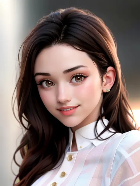 Realistic photo of a beautiful gr4c3f woman,1girl,solo,long hair,looking at viewer,smile,brown hair,black hair,brown eyes,upper body,parted lips,blurry,lips,blurry background,portrait,realistic,soft lighting, professional Photography, Photorealistic, detai...