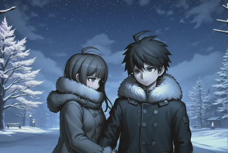 a couple, tender embrace, romantic scenery, moonlit night, silhouette figures, soft illumination, close connection, loving gestures, dreamlike ambiance, cozy atmosphere, warm clothing, winter wonderland, snowy background, handholding, fur coat, cuddle posi...