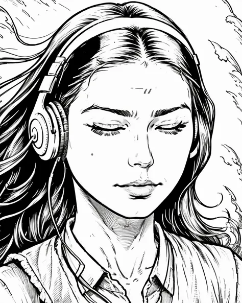 hedcut, a beautiful woman wearing white headphones, eyes closed meditating, close portrait cinematic <lora:Gaz_Ink_Test:1>