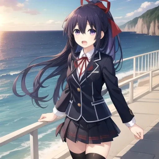 ((masterpiece)),(best quality),official art,extremely detailed CG,unity 8k wallpaper,ultra detailed,A lighthouse on a cliff by the sea,1girl,solo,cowboy shot,looking at viewer,yatogami tooka,bangs,blush,very long hair,hair between eyes,sidelocks,hair ribbo...