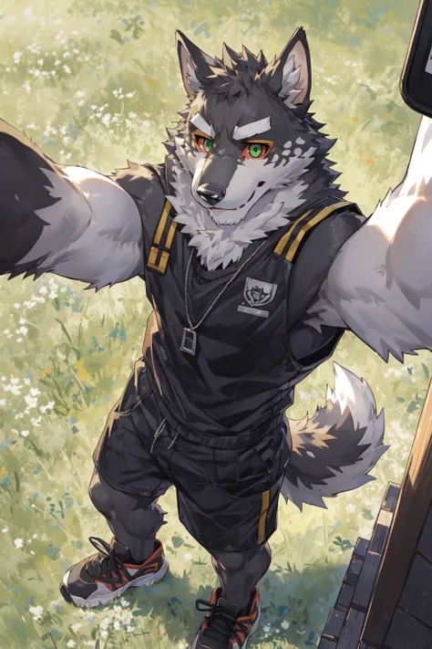 monomasa, best quality, masterpiece,
furry, wolf, canid, solo focus, slim male, taller male,
black pupils, red sclera, green eyes, bright eyes, detailed eyes,
clothing, black tank top, shorts, sneakers,
smile, playful, selfie, high-angle view,
lying, grass...