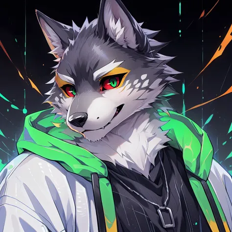 monomasa, furry, male, solo focus, wolf, tail, by kiyosan, by yupa, (by null-ghost:0.8), (by drks:0.2), detailed eyes, black pupils, green eyes, red sclera, (yellow eyeshadow:0.8), white coat, official art, illustration, (user avatar:1.2), grid background,...