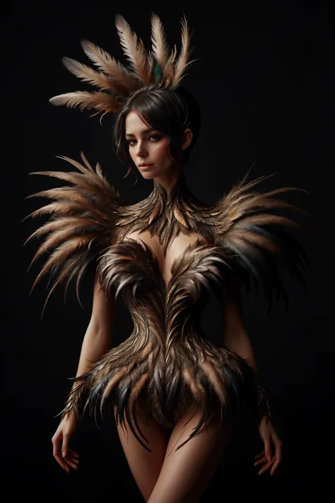 ral-feathercoat, a woman in a feathered costume poses for a picture <lora:ral-feathercoat:1> black background, dim warm backlight, ring light