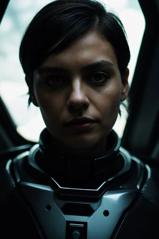 PA7_Portrait-CU, epiCRealism, woman, dark skin, over shoulder, beautiful eyes, short hair, black hair, crystal clear, wearing scifi suit, avant-garde, LatexTech, high-tech, serious, expressive portrait, space ship cockpit, dim light, cinematic lighting, vo...