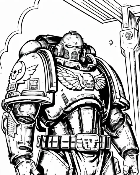 ink drawing, imperial space marine, from below, epic armour <lora:Gaz_Ink_Test:1>  <lora:zwaha:1>